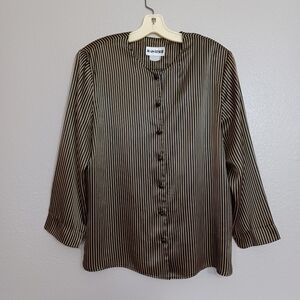 JOAN LESLIE Satin Sheen Black Gold Striped Vintage 80s Padded Button Front Top